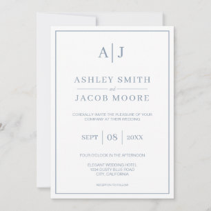 Elegant Monogram Initials Dusty Blue Wedding Invitation