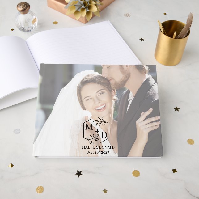 Elegant Monogram Initials Modern Wedding Photo Guest Book (Front Open)