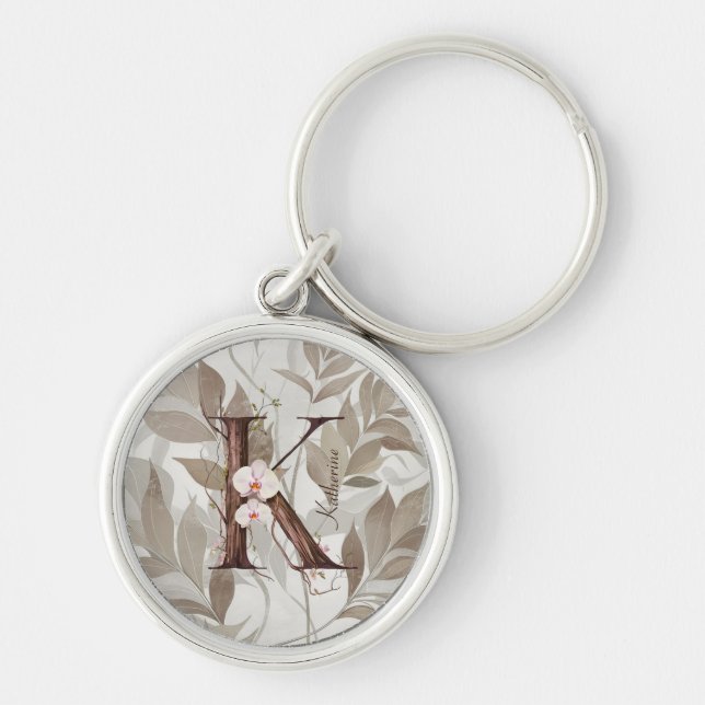Elegant Monogram "K" with Pastel Orchids & Vines Key Ring (Front)