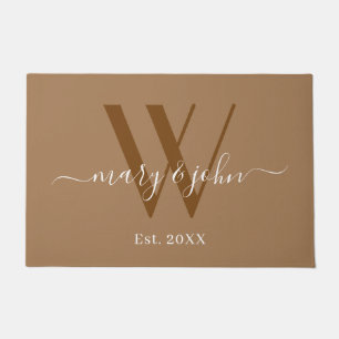 Elegant Monogram Khaki Names Script Wedding Doormat