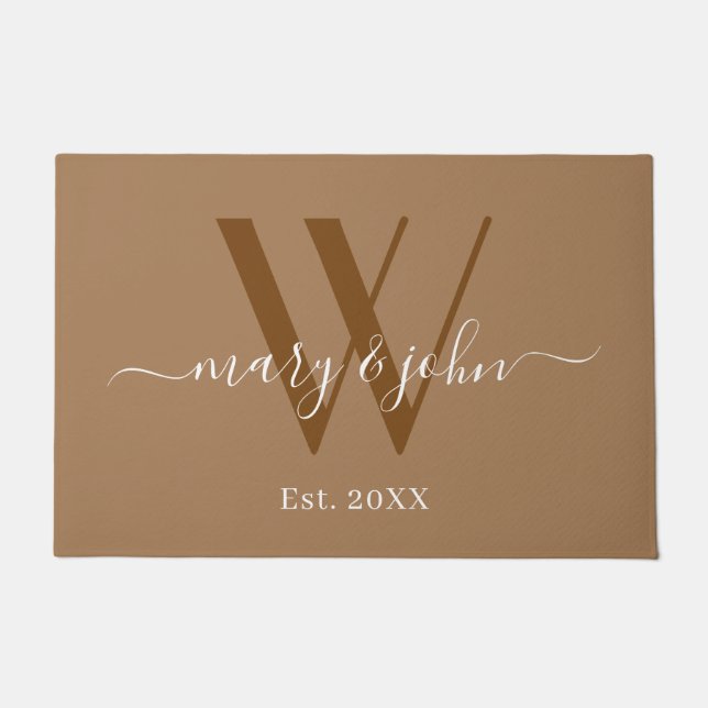 Elegant Monogram Khaki Names Script Wedding Doormat (Front)