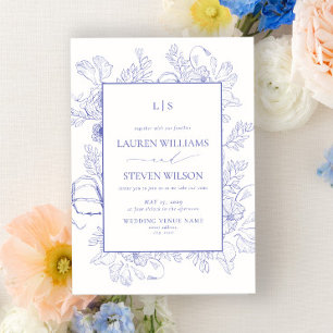 Elegant Monogram Lavender Floral Line Art Wedding Invitation