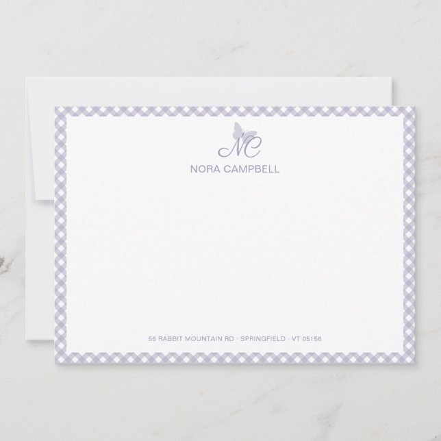 Elegant Monogram Lavender Gingham Note Card (Front)