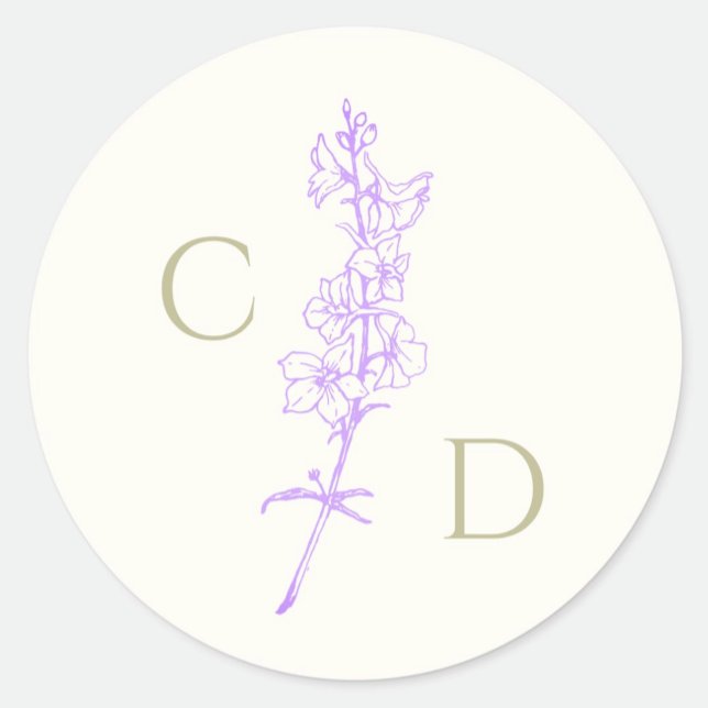 Elegant Monogram  Lavender Larkspur Floral  Classic Round Sticker (Creator Uploaded)