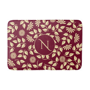 Elegant Monogram Leaf Daisy Pattern Burgundy Bath Mat
