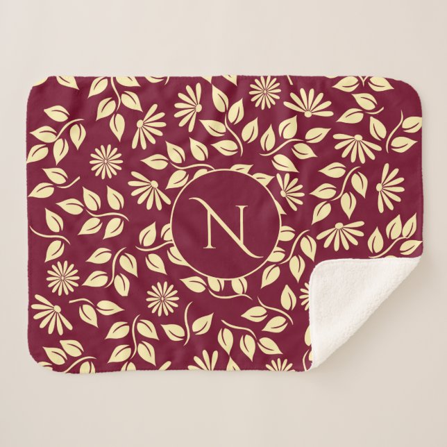 Elegant Monogram Leaf Daisy Pattern Burgundy Bath Sherpa Blanket (Front (Horizontal))