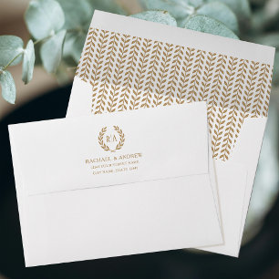 Elegant Monogram Leaf Gold White Wedding Envelope