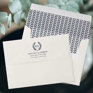 Elegant Monogram Leaf Navy Cream Wedding Envelope