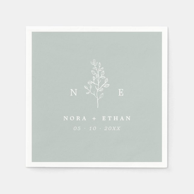 Elegant Monogram Leaf Sage Green Wedding Napkin (Front)