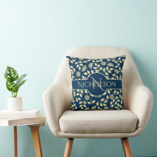 Elegant Monogram Leaves Daisies Custom Name Blue Cushion