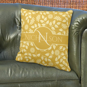 Elegant Monogram Leaves Daisies Custom Name Gold Cushion