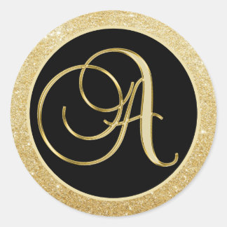 Elegant Monogram Letter A Black Gold Glitter Seals