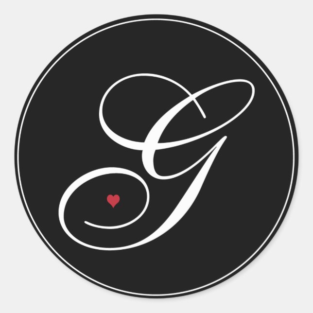 Elegant Monogram Letter G with heart Classic Round Sticker (Front)