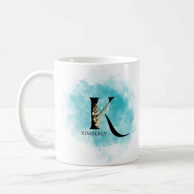 Elegant Monogram Letter K Teal Gold Flower  Coffee Mug (Left)