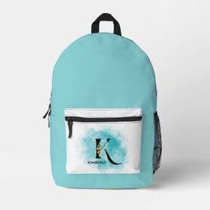 Elegant Monogram Letter K Teal Gold Flower  Printed Backpack