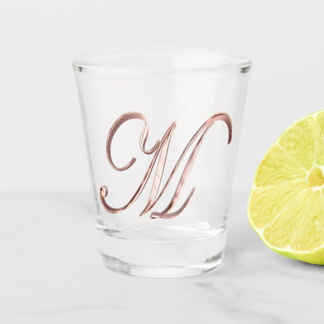 Elegant Monogram Letter M Faux Rose Gold Chic Shot Glass (Front)