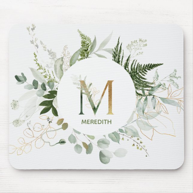 Elegant Monogram Letter M Greenery Mouse Pad (Front)