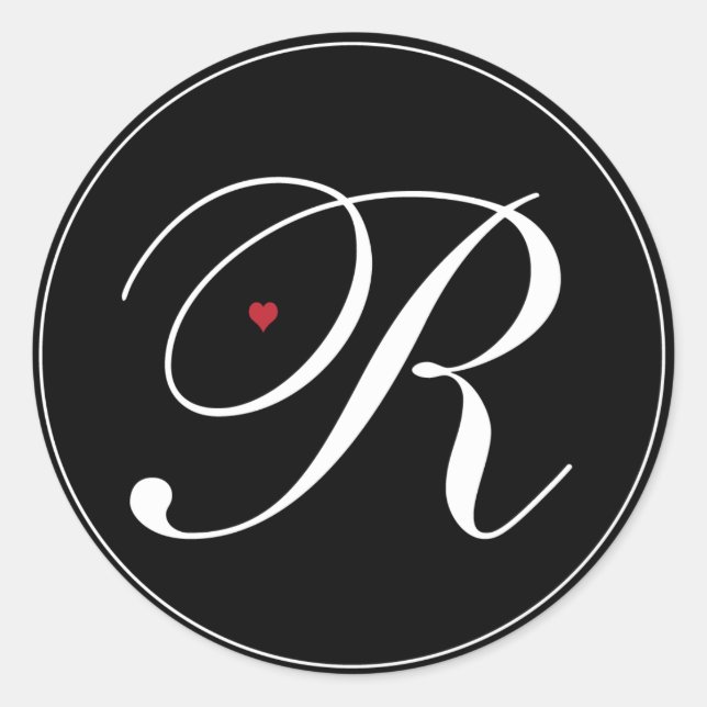 Elegant Monogram Letter R with heart Classic Round Sticker (Front)