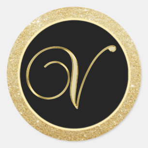 Elegant Monogram Letter V Black Gold Glitter Seals