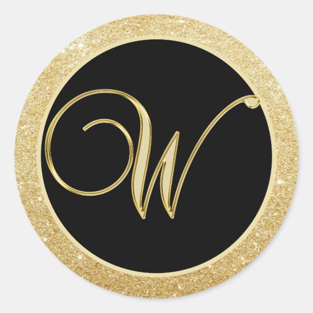 Elegant Monogram Letter W Black Gold Glitter Seals (Front)