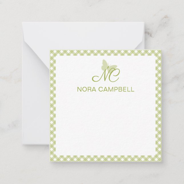 Elegant Monogram Light Green Gingham Personalised Card (Front)
