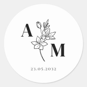Elegant, Monogram, Line Art Flower, Weddings Classic Round Sticker