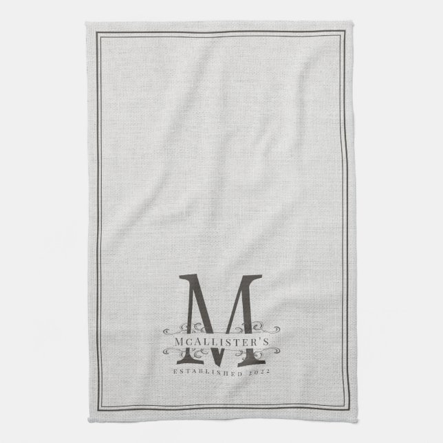 Elegant Monogram Linen Family Establish Year Tea Towel (Vertical)