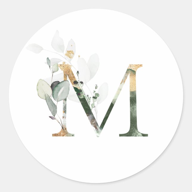 Elegant Monogram M Wedding Stationary Greenery Classic Round Sticker (Front)
