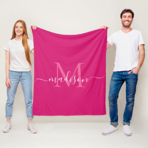 Elegant Monogram Magenta Pink White Modern Script Fleece Blanket