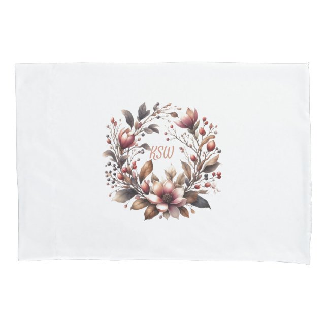 Elegant Monogram Magnolia Floral Wreath  Pillowcase (Front)