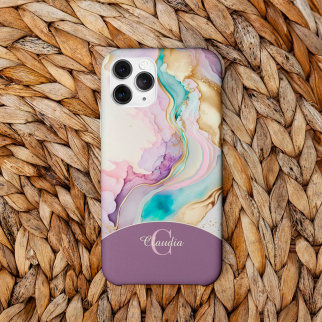 Elegant Monogram Marble Liquid Ink Case-Mate iPhone Case (liquid ink phone case with monogramm)