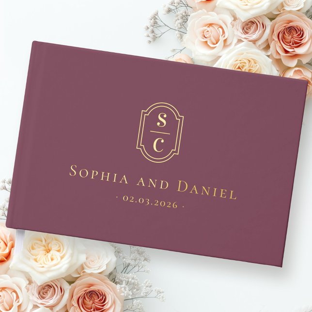 Elegant monogram mauve wedding names date foil guest book (Elegant monogram mauve wedding names date foil guest book)