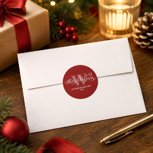 Elegant Monogram Merry Christmas Calligraphy Red Classic Round Sticker