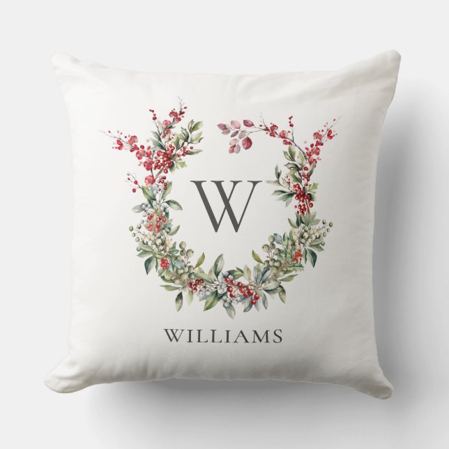 Elegant Monogram Merry Christmas Holiday Wreath Cushion (Front)