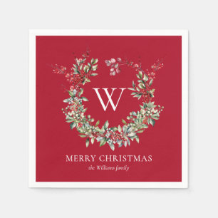 Elegant Monogram Merry Christmas Holiday Wreath Napkin