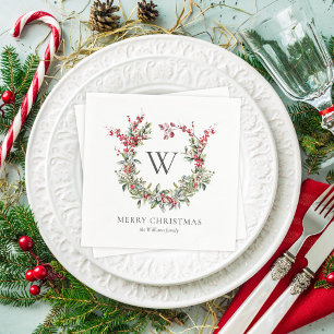 Elegant Monogram Merry Christmas Holiday Wreath Napkin