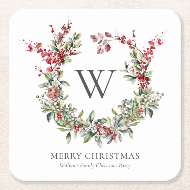 Elegant Monogram Merry Christmas Holiday Wreath Square Paper Coaster (Front)