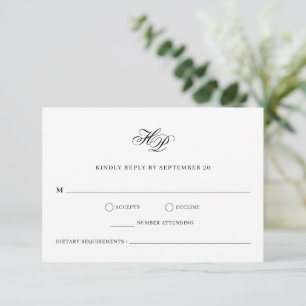 Elegant Monogram Minimal Black & White Wedding RSVP Card