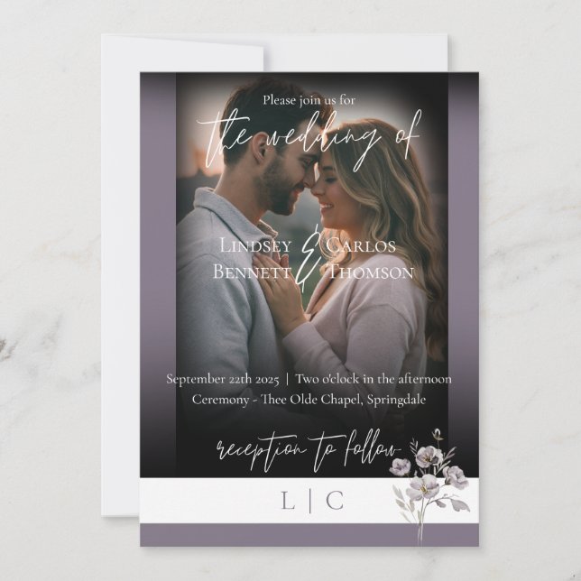 Elegant monogram minimalist purple calligraphy  invitation (Front)