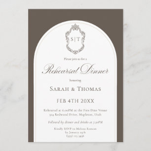 Elegant Monogram Mocha Wedding Rehearsal Dinner Invitation