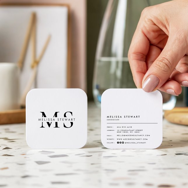 Elegant monogram modern black white rounded square business card (Elegant monogram modern black white rounded)
