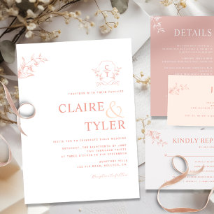 Elegant Monogram Modern Blush Pink, Peach Wedding Invitation