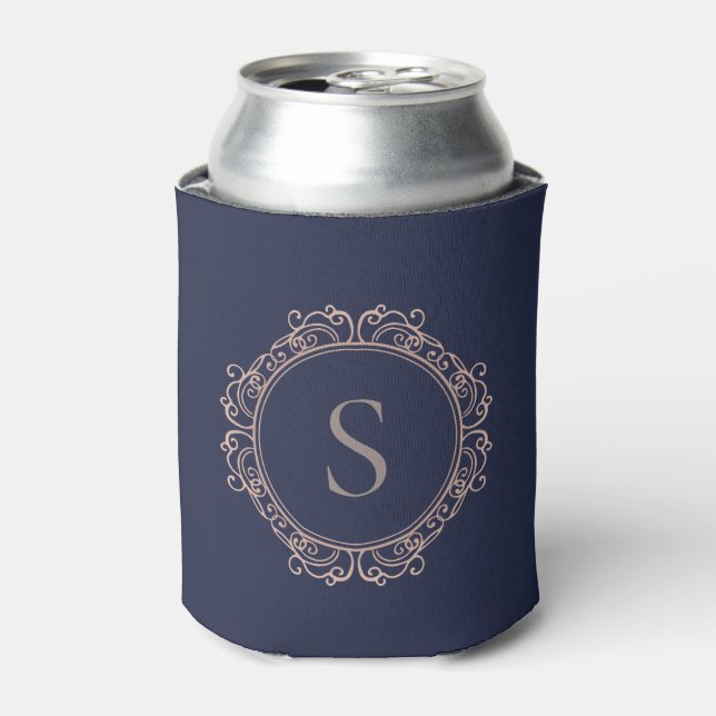 Elegant Monogram Modern Classic Navy Copper Blush Can Cooler (Can Front)