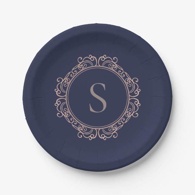 Elegant Monogram Modern Classic Navy Copper Blush Paper Plate (Front)