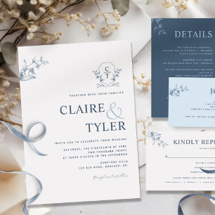 Elegant Monogram Modern Minimal Blue Wedding Invit Invitation