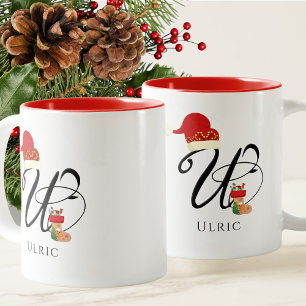Elegant Monogram Modern Script Initial U Christmas Two-Tone Coffee Mug