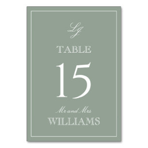 Elegant Monogram Modern Script Sage Green Wedding Table Number