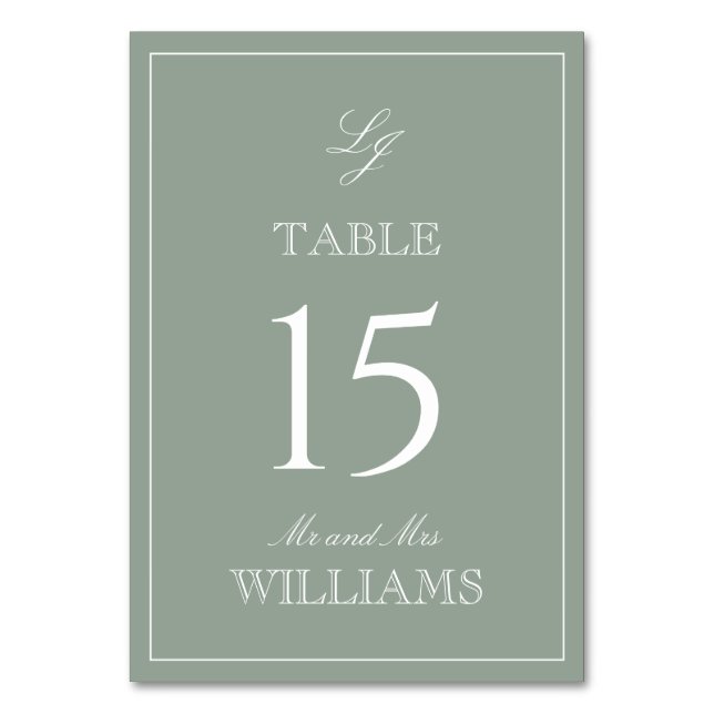 Elegant Monogram Modern Script Sage Green Wedding Table Number (Front)