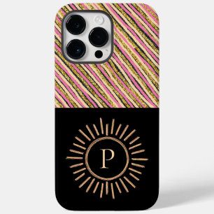 Elegant Monogram Modern Stripes Yellow Gold Black Case-Mate iPhone 14 Pro Max Case