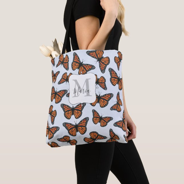 Elegant Monogram Monarch Butterflies Floral  Tote Bag (Close Up)